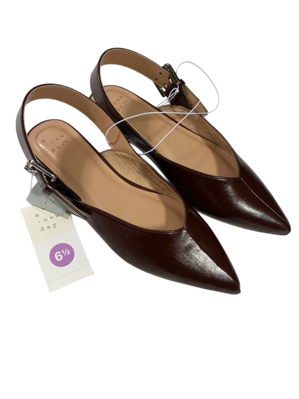 A New Day Slingback Flats Brown Pointed Toe Buckle Strap Memory Foam women 6.5